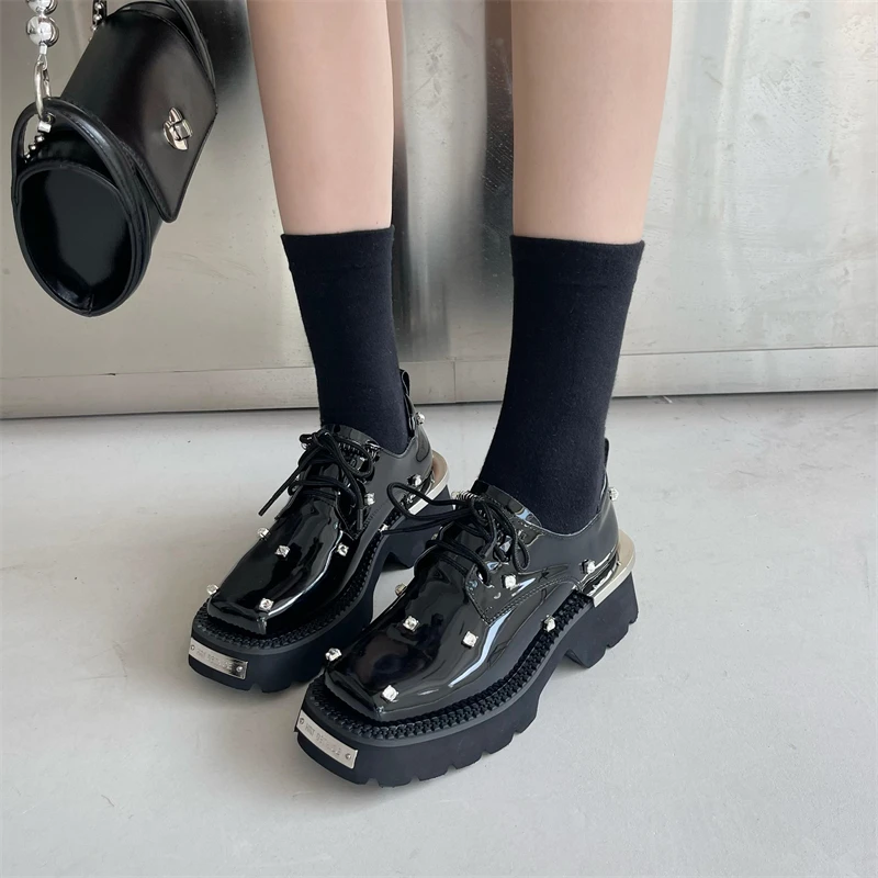Solid de Culoare Stras Nit Dantela Sus Pantofi pentru Femei de Metal Square Toe din Piele la Mijlocul Toc Student Pantofi Negru Pompe de Moda