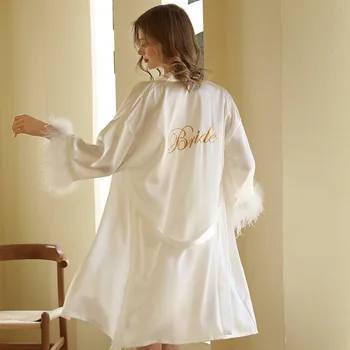 Mireasa, Domnisoara De Onoare Kimono-Halat Body Nunta Halat De Baie Halat De Pană Femei Broderie Scrisoare Pijamale Scurte Din Satin Cămașă De Noapte