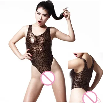 (MS081) Femei fetish metalic strălucitor leopard catsuit sexy model fetish dresuri