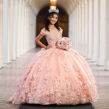 2022 Printesa Roz Quinceanera Rochie de Pe Umăr Sweetheart ștrasuri din Mărgele Cu Flori 3D Rochie de Bal Elegant Tul Robe De Soirée