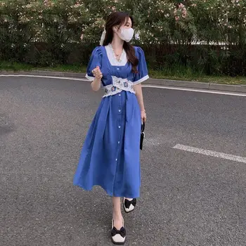2022 Femei Albastru Dantelă Rochie Midi Vintage Puff Maneca Lunga Șifon Rochii de Moda coreeană Casual Vestidos Mujer Elegan Haine