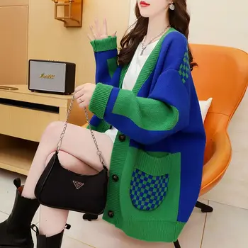 Elegant Open Stitch Cardigan Pulover Femei Chic Mozaic Pulover Haine Casual Moale Tricotaje Moda Coreeană Liber Jacheta T657
