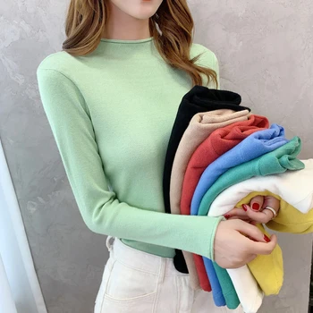 Moale Femei Pulover De Toamna Cu Maneca Lunga Pulover Tricotate Jumper Slim Coreean Elastic De Bază Bluza Casual Solid De Sex Feminin Topuri