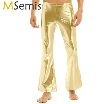 MSemis Bărbați Adulți Metalice Disco Pantaloni de Agrement Pantaloni Lungi de 70 Tema Clopot de Jos Evazate Tip Holografic Haine Costum Pantaloni