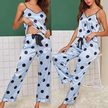 Polka Dot Îmbrăcăminte De Noapte Pentru Femei V-Gât Curea Si Pantaloni Seturi Tinutele Femeilor Pijamale Pour Femme Pijamale De Vara Haine De Acasă Cu Arcul Body