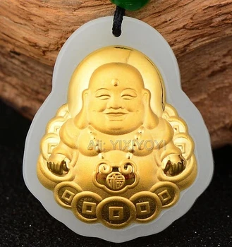 Frumos Alb Natural Hetian Jade + 18K Aur Masiv Chinez Râs Monedă Buddha Pandantiv Norocos + Liber Colier Bijuterii Fine