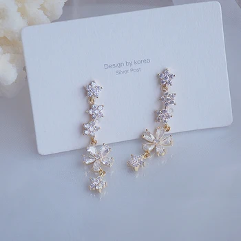 Coreeană fierbinte de vânzare de moda bijuterii de 14K real cupru placat cu aur încrustat CZ zircon cercei elegant de flori lungi femei cercei