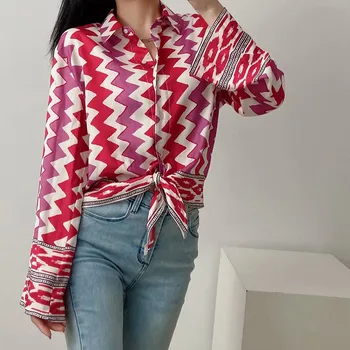 Moda Cu Arc Legat de Imprimare Geometrice Bluze Femei Vintage Flare Sleeve Button-up Feminin Tricouri Blusas Topuri Chic