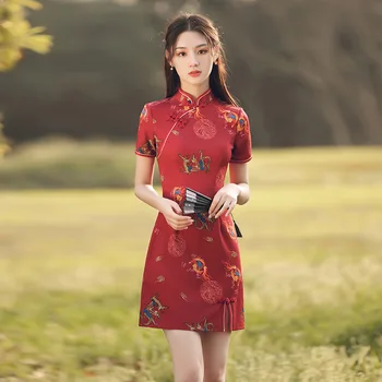 Roșu Cheongsam Scurt de Imprimare Îmbunătățită de Epocă Rochie Slim-fit pentru Femei Costume de Stil Chinezesc Qipao Față Split S La XXL