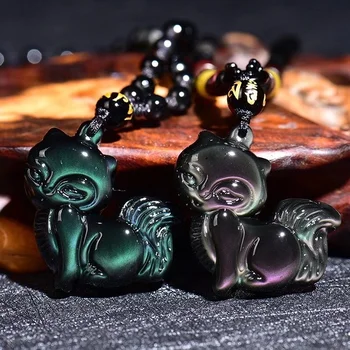 1 buc Naturale curcubeu obsidian ochi sculptură fox pandantiv + Lanț de Șirag de mărgele