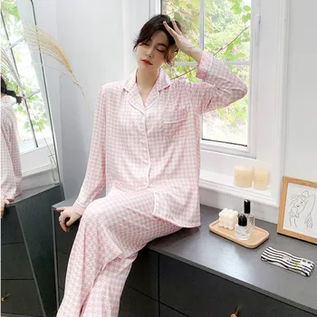 Femei Pijama Set Imprimare Roz Houndstooth Pijamale Cu Maneca Lunga Costume Cu Pantaloni De Primavara Toamna Cuplu Pijamale Largi Raionul Homewear