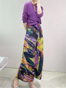 Miyake Femei Pantaloni Cutat Multicolor Print Vrac De Mare Elastic Talie Pantaloni Largi Picior Stil Casual 2022 Vara Pantaloni De Moda