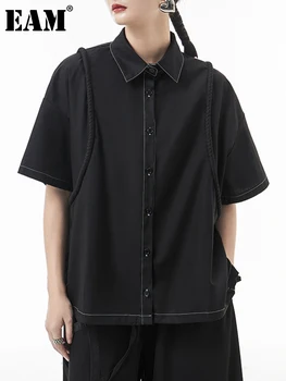[MEM] Femei Negru Topstitched Mare Dimensiune Casual Bluza Noua Rever Jumătate Maneca Tricou Vrac se Potrivi Mareea Moda Primavara-Vara 2023
