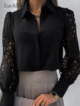 Primavara Toamna Negru Vintage Butonul De Sus Cămăși De Sus Maneca Lunga Plasă De Design Topuri Femme Alb Dantela Sexy Gol Afară De Femei Bluza 2023