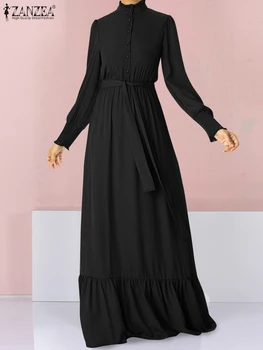 ZANZEA Moda cu Centură Shirring Manșetă Vestidos Mujer de Epocă Femei Rochie Lunga Casual cu Maneci Lungi Guler Maxi Rochie de Toamna 2022
