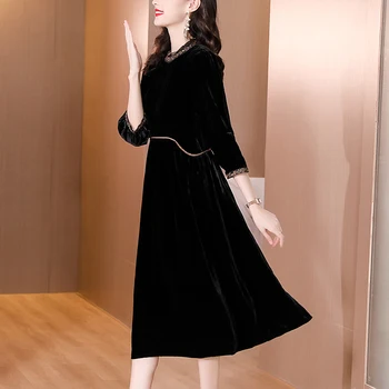 Femei Roșu Coreeană Vintage Casual Rochie Midi De Toamna Iarna Catifea Neagră Groasă Haină Caldă 2022 Nou Elegant Bodycon Office Lady Dress