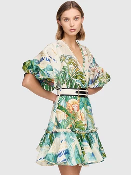 Delocah De Înaltă Calitate Femei De Vară De Moda Pistei Partid Rochie Mini Lanterna Maneca Eșarfe Tropical Print Shirring Zburli Rochii