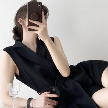 Costum Nou 2023 Salopeta de Vara Moda coreeană Slim Neregulate Solidă Talie Mare Casual pentru Femei Curea Negru Salopeta Scurta