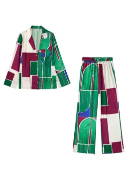 Femeile 2022 Vara Noi De Imprimare De Moda Bluze 2 Bucata Set Mozaic De Epocă Cu Maneci Lungi Buton-Up Feminin Tricouri Blusas Pantaloni, Topuri