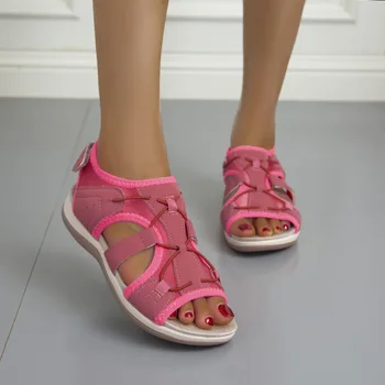 Doamnelor Sandale Femei Pantofi Plat Schimbare Culoare Solidă Rotund cu Talpă Groasă Cârlig și Buclă de Fixare Non Alunecare Casual