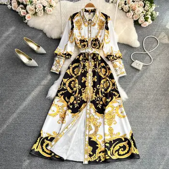 2022 toamna retro stil palat rever single-breasted talie subțire rochie de imprimare elegant mari leagăn rochie lunga