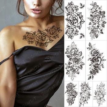 Floare Înflorit Rezistent La Apa Temporar Tatooo Autocolante Realiste, Crizantema, Orhidee, Frunze De Tatoo Om Femei Body Art Tatuaj Fals