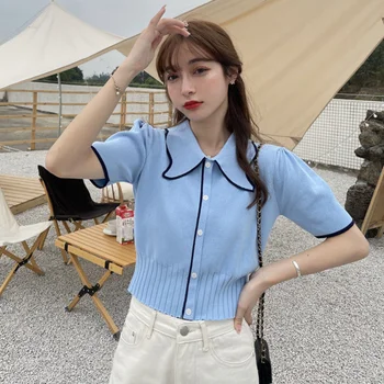 Tricotat Fals Cardigane Femei Pulover Polo Shirt Punctele Franceză Subțire Dulce Vânt Trage Femme Culturilor Topuri Haine De Moda Coreeană