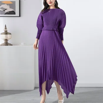 Femei Rochie Plisată Violet Batwing Maneca Guler Rotund Cordon Talie Stil Casual Elegant 2022 Toamna de Moda rochii de bal