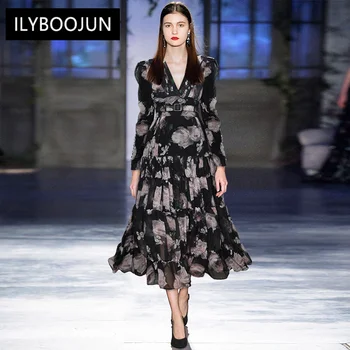 Rochii Pentru Femei 2022 Lux de Designer Elegant Pistă de Moda Toamna V-neck Maxi cu Maneci Lungi Floral-print Rochie de Vacanță