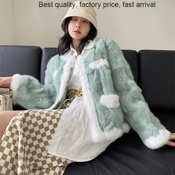 De înaltă calitate de brand de lux Iepure Rex Haina de Iarna pentru Femei Nou-coreean Scurt Vrac Vedetă Stil de Îmbrăcăminte de Culoare de Contrast Stitchi