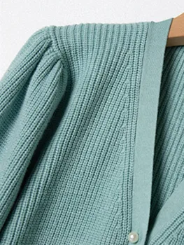 2022 Noi Femei Pulover Tricot Cardigan V-Neck Perle Butoane Începutul Toamnei Felinar Mânecă Scurtă Verde Tricotaje Topuri