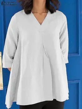 ZANZEA Elegant V Gatului Maneca 3/4 Solid Bluza 2022 Femei Casual Elegant Munca de Birou Blusas Liber Asimetric Tricou Toamna Topuri