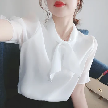 Femei Primavara-Vara Stil Șifon Bluze Tricou Femei Elegante Arc Maneci Scurte Culoare Solidă Nit Șirag de mărgele Bluze Casual SP088