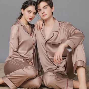 Mătase Cuplu Pijama Set de Două Piese Primăvară Maneca Lunga Laple Butonul Sacouri Pantaloni Largi Pijamas pentru Femei și Bărbați, Pijamale, Pijamale