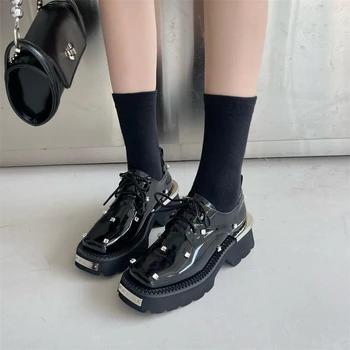 Solid de Culoare Stras Nit Dantela Sus Pantofi pentru Femei de Metal Square Toe din Piele la Mijlocul Toc Student Pantofi Negru Pompe de Moda
