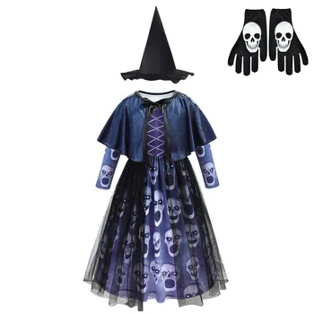 Costum de Halloween pentru Fete Vrăjitoare, Vampir Cosplay Costum Copii Gotic Craniu de Halloween pentru Copii de Performanță Haine pentru Petrecere