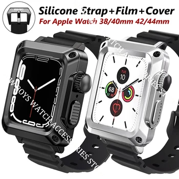 Ceas silicon Band+Caz Pentru Apple Watch 7 65 Setul Pentru iWatch 38 40 42/44mm Sticla Aliaj Acoperi Modificarea Kit Curea