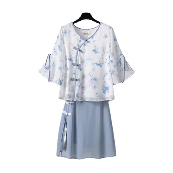 2022 Vara Cheongsam Supradimensionate Femei Șifon Bluza Fusta Scurta Blue Print Costum Îmbunătățit Costum Fusta Han Costum din Două piese