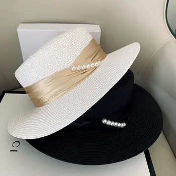 Franceză flat-top pearl vara pălărie de paie pentru femei vacanță la mare pe plaja pălărie pălărie de protecție solară