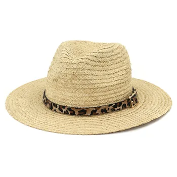 Sun Beach Hat Pentru Femei De Vară Panama Paie Rafie Big Refuz Leopard Centura De Vacanță Decorare În Aer Liber Accesoriu Pentru Doamna
