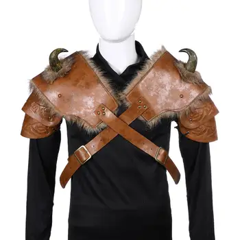 Războinic Medieval Bărbați Armura Costum Cosplay LARP Adult Piele PU Maro Blana Viking Umăr cu Armura Corn de Costume
