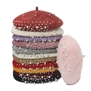 Versiunea coreeană Pearl Culoare Solidă Lână Ține de Cald Femei Beanie Toamnă Iarnă Fată de Moda pentru Femei de Iarnă Pălărie Beanie