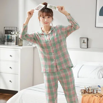 2022 Gheață Pijamale de Mătase de Primăvară Și de Toamnă Versiunea coreeană Noi Zăbrele Costum de Moda de Imprimare Pot Fi Purtate in Afara de Femei Haine de Acasă