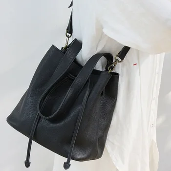 EUMOAN Nou sac găleată cu primul strat de piele de vacă pentru femei geanta din piele moale geantă de mână de personalitate casual geanta de umar