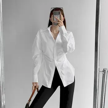 Moda Femei Tricou Bluza 2022 Long Sleeve Ruched Culoare Solidă Topuri pentru Doamne de Birou Sexy V-Neck Tunic Bluze Y2k Haine