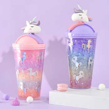 430 ml Creativ Unicorn Desene animate Paie Cana Cu Capac de Izolare Termică Perete Dublu din Plastic Cup Fete Portabil Sticla de Apa de Gheata cupa
