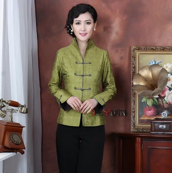 Chinezii de varsta mijlocie si vechi doamnelor Verde cu mâneci lungi stil Chinezesc sacou catarama mama de zi cu zi Tang costum de primavara Jacheta de toamna