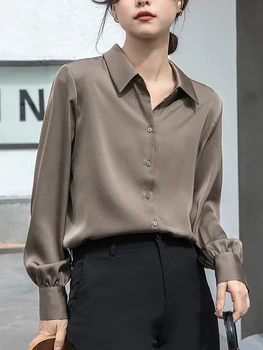 Nou Stil De Acetat De Satin Tricouri Femei Vintage Pierde Culoare Solidă Maneca Lunga Bluza Office Doamnelor Elegante De Primavara Toamna