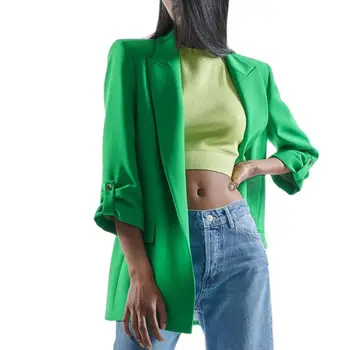 Moda Casual Largi Crestate Sacouri Femei Elegante De Verde Pe Role Maneca Jachete De Primăvară Buzunare Drepte Se Potriveste Doamnelor