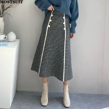 Înaltă Waisted Fuste Tricotate Femei coreene Epocă Îngroșa două rânduri de Moda Elegant O-linie Cutat Fusta Lunga Mujer 2022